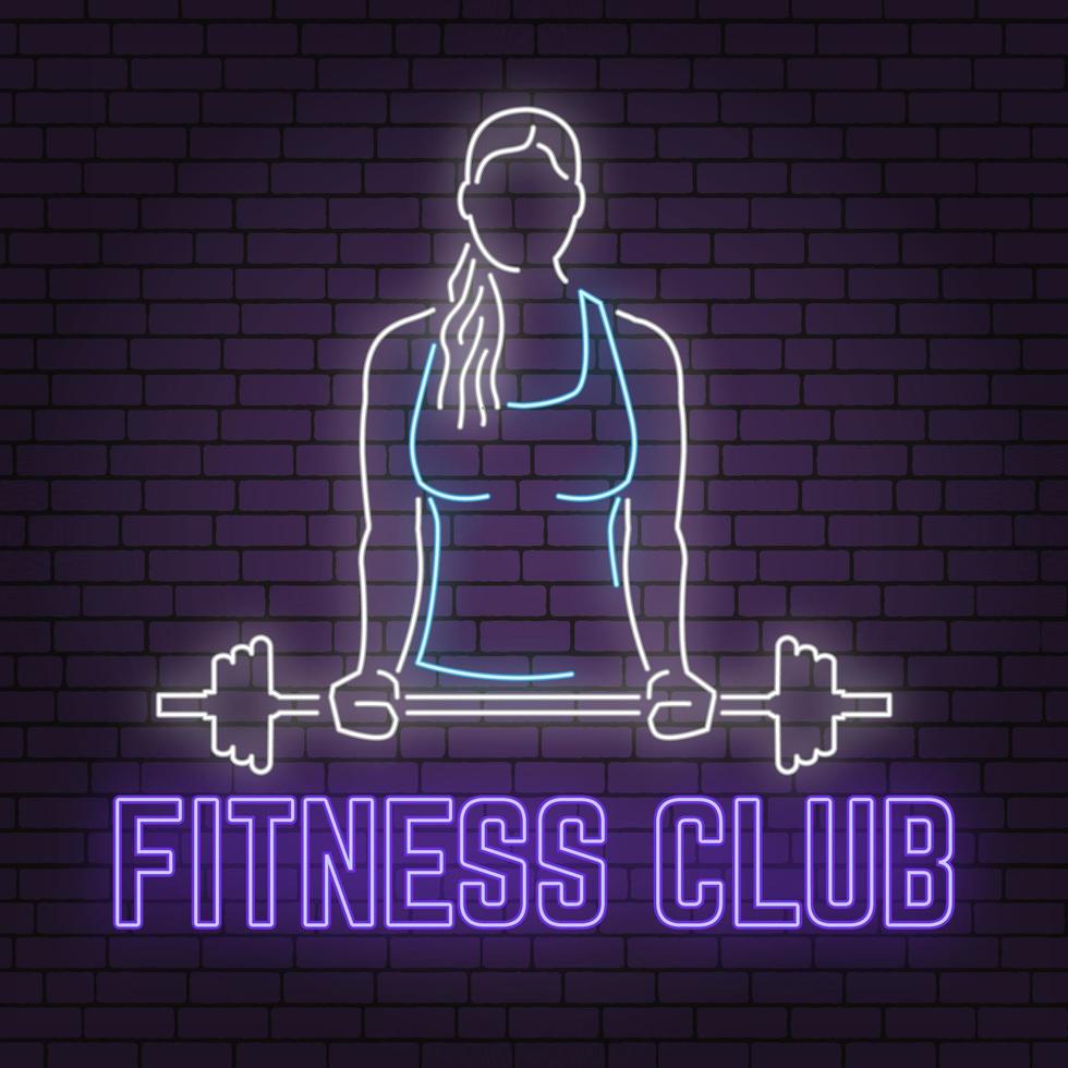 sinal de clube de fitness neon no fundo da parede de tijolo. ilustração vetorial. vetor