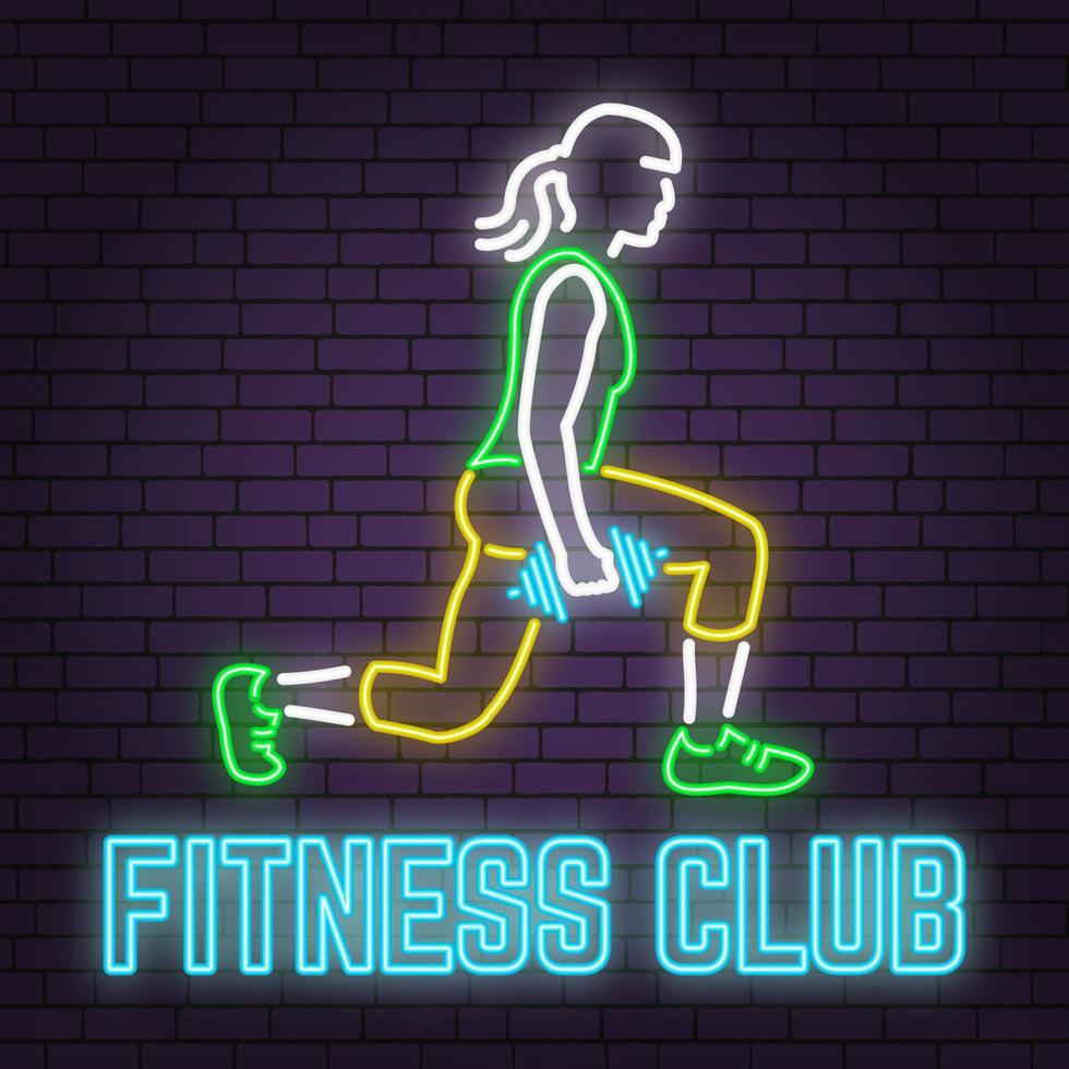 sinal de clube de fitness neon no fundo da parede de tijolo. ilustração vetorial. vetor