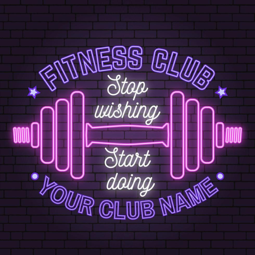 sinal de clube de fitness neon no fundo da parede de tijolo. ilustração vetorial. vetor