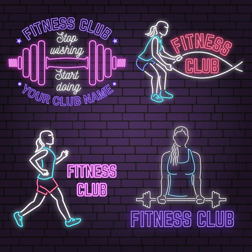 conjunto de sinal de néon fitness club no fundo da parede de tijolo. ilustração vetorial. vetor