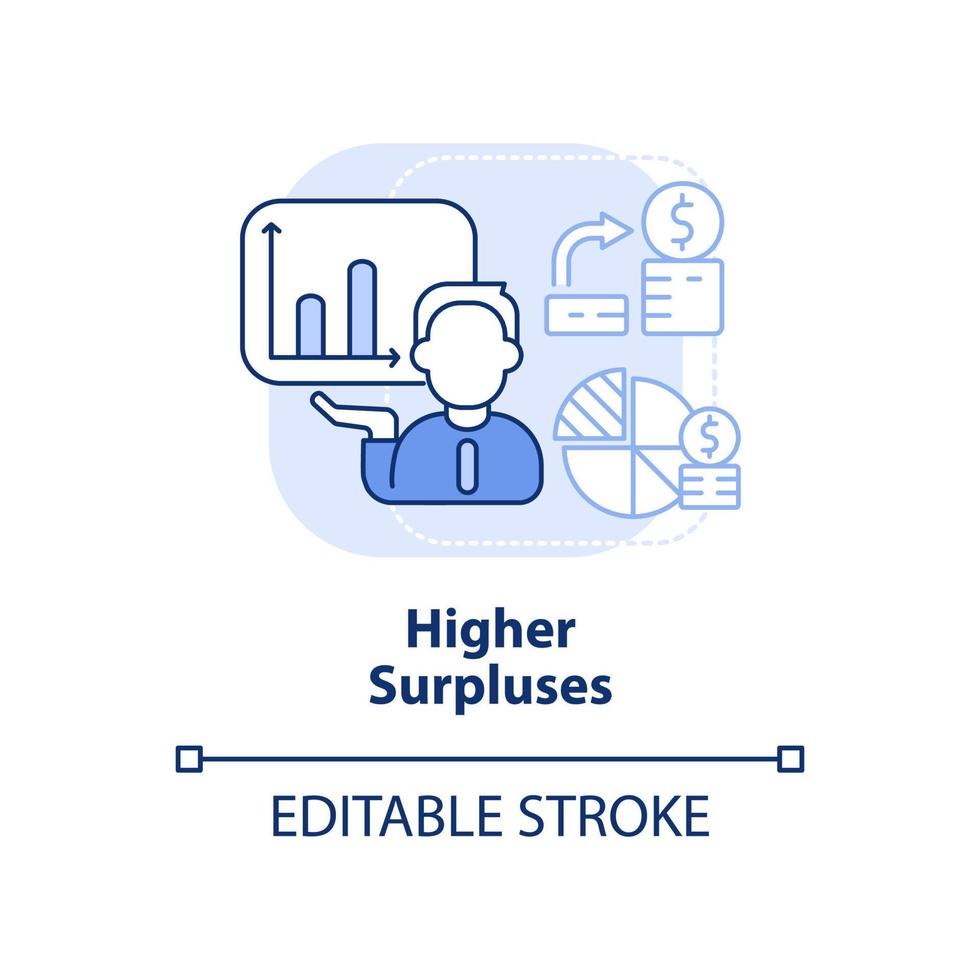 ícone de conceito azul claro de excedentes mais elevados. a receita supera a despesa. ilustração de linha fina de idéia abstrata de orçamento equilibrado. desenho de contorno isolado. traço editável. vetor