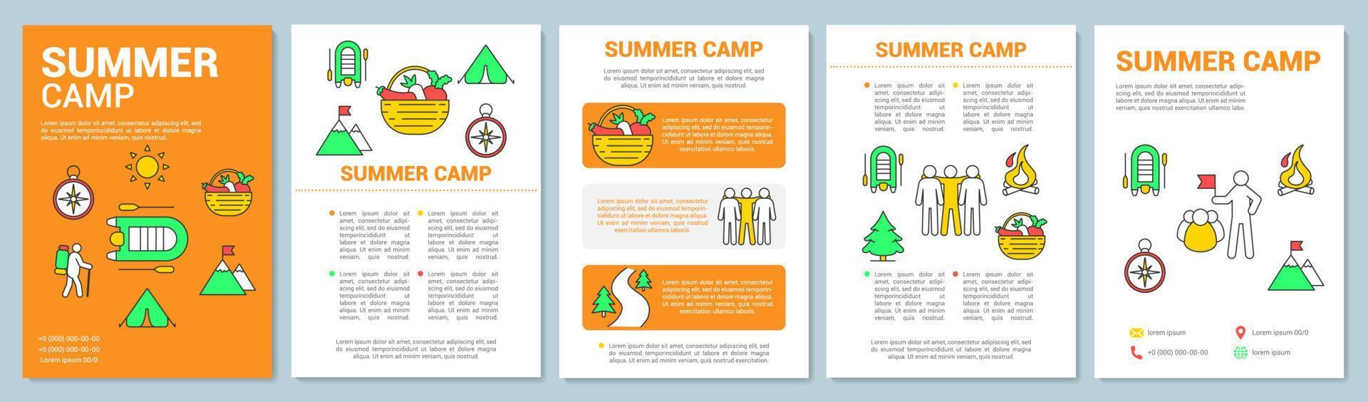 layout de modelo de folheto de acampamento de aventura ao ar livre de verão. folheto, livreto, design de impressão de folheto com ilustrações lineares. layouts de página vetorial para revistas, relatórios anuais, cartazes publicitários vetor