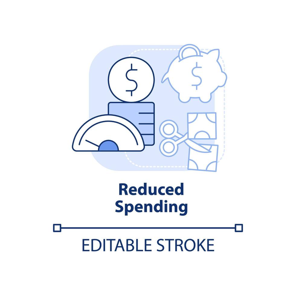 ícone de conceito azul claro de gastos reduzidos. gastos decrescentes. ilustração de linha fina de idéia abstrata de requisito de orçamento. desenho de contorno isolado. traço editável. vetor
