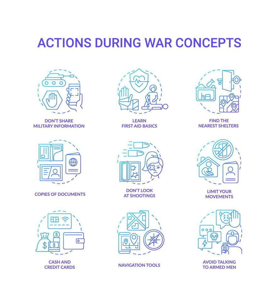 ação durante a guerra azul conjunto de ícones do conceito gradiente. dicas para ajudar os civis a criar ilustrações coloridas de linhas finas. símbolos isolados. traço editável. vetor