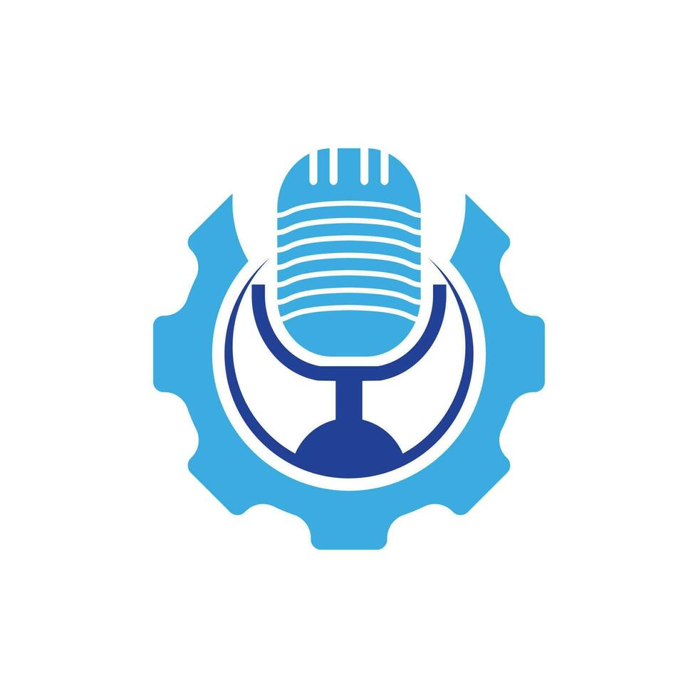 modelo de design de logotipo de vetor de podcast de engrenagem. roda dentada e design de ícone de microfone.