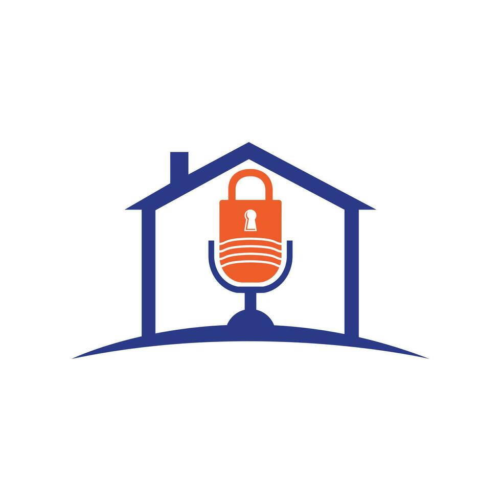 design de logotipo de vetor de podcast seguro. cadeado e microfone com design de logotipo de vetor de ícone em casa.