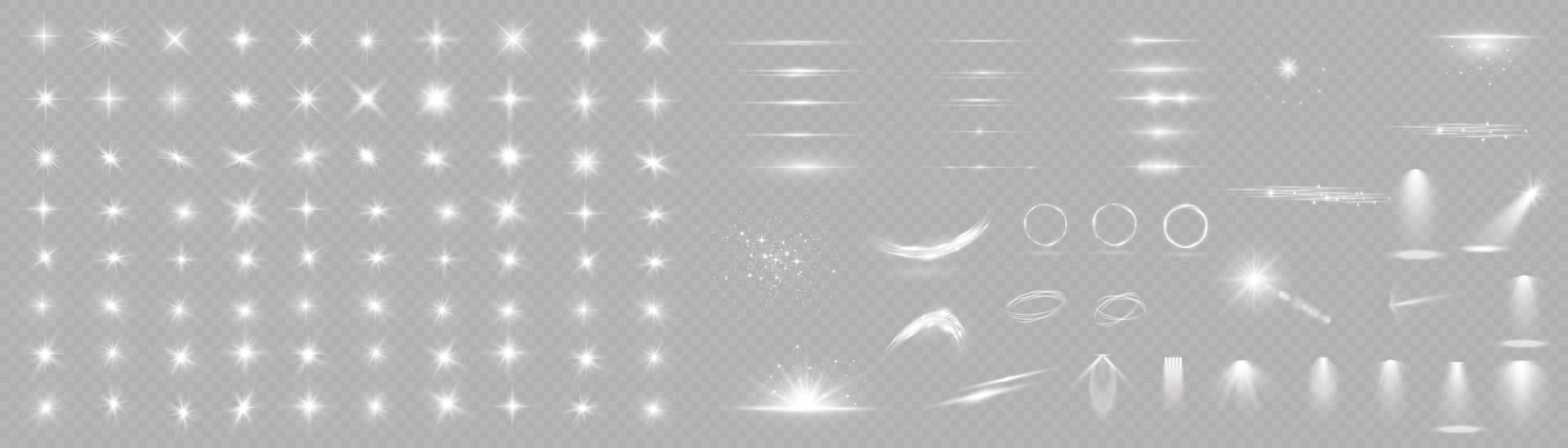 conjunto de efeitos de luz. brilho isolado conjunto de efeitos de luz branca, reflexo de lente, explosão, brilho, poeira, linha, flash de sol, faísca e estrelas, holofotes, giro de curva. luz solar, efeito especial abstrato. vetor