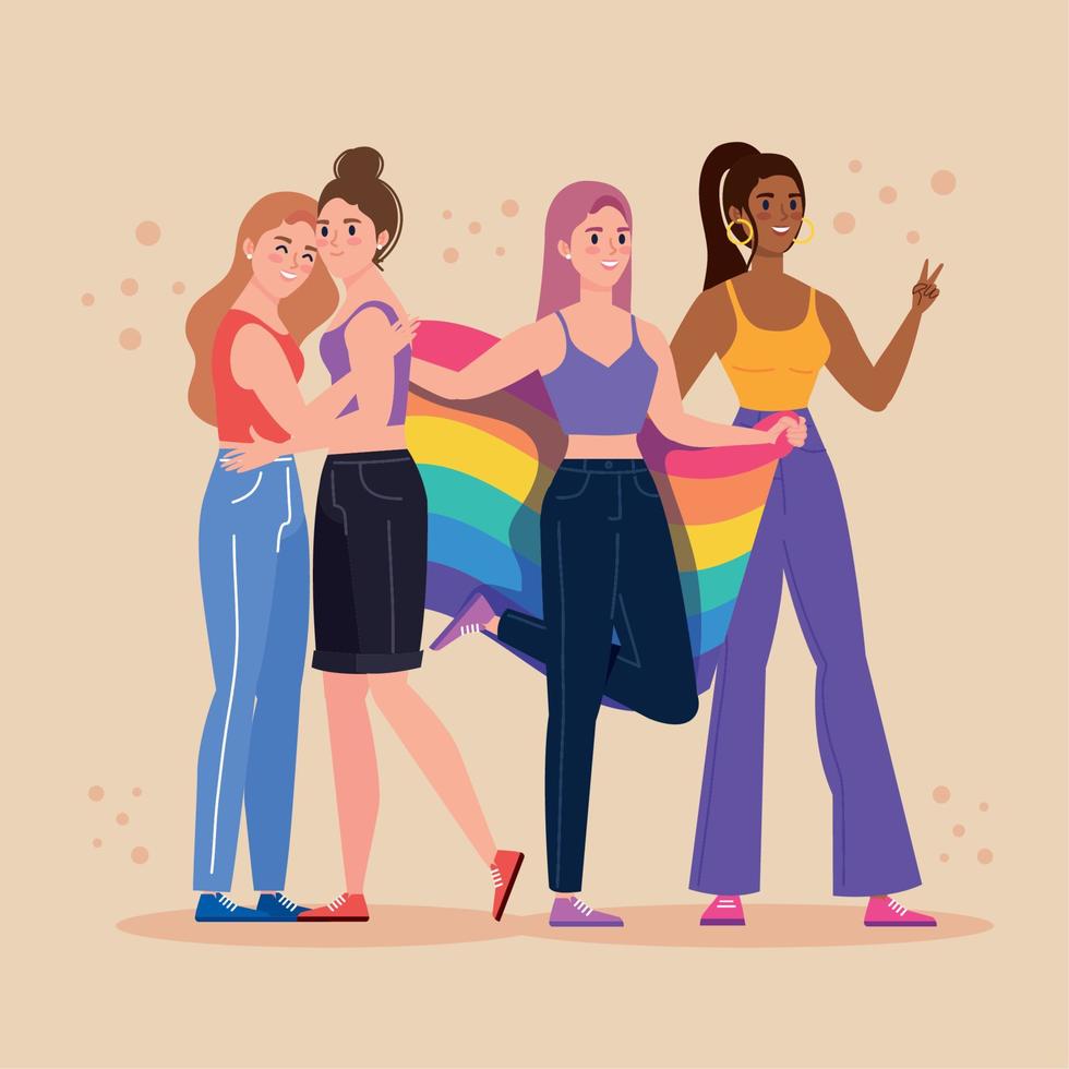 quatro lésbicas com bandeira vetor