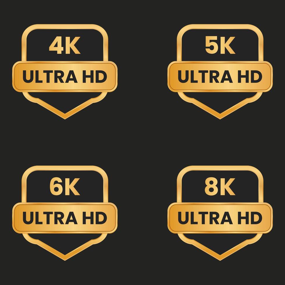 conjunto de botões de resolução de vídeo 8k, 6k, 5k, 4k ultra hd dourado vetor
