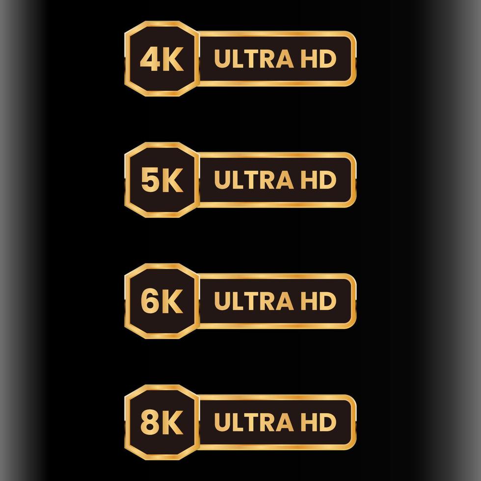 conjunto de logotipo de ícone de resolução de vídeo 8k, 6k, 5k, 4k ultra hd dourado vetor