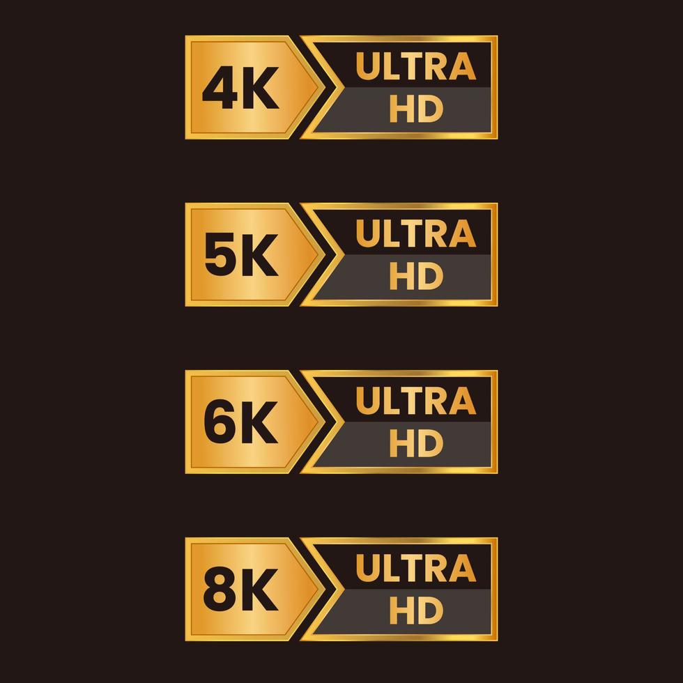 conjunto de botões de resolução de vídeo 8k, 6k, 5k, 4k ultra hd dourado vetor