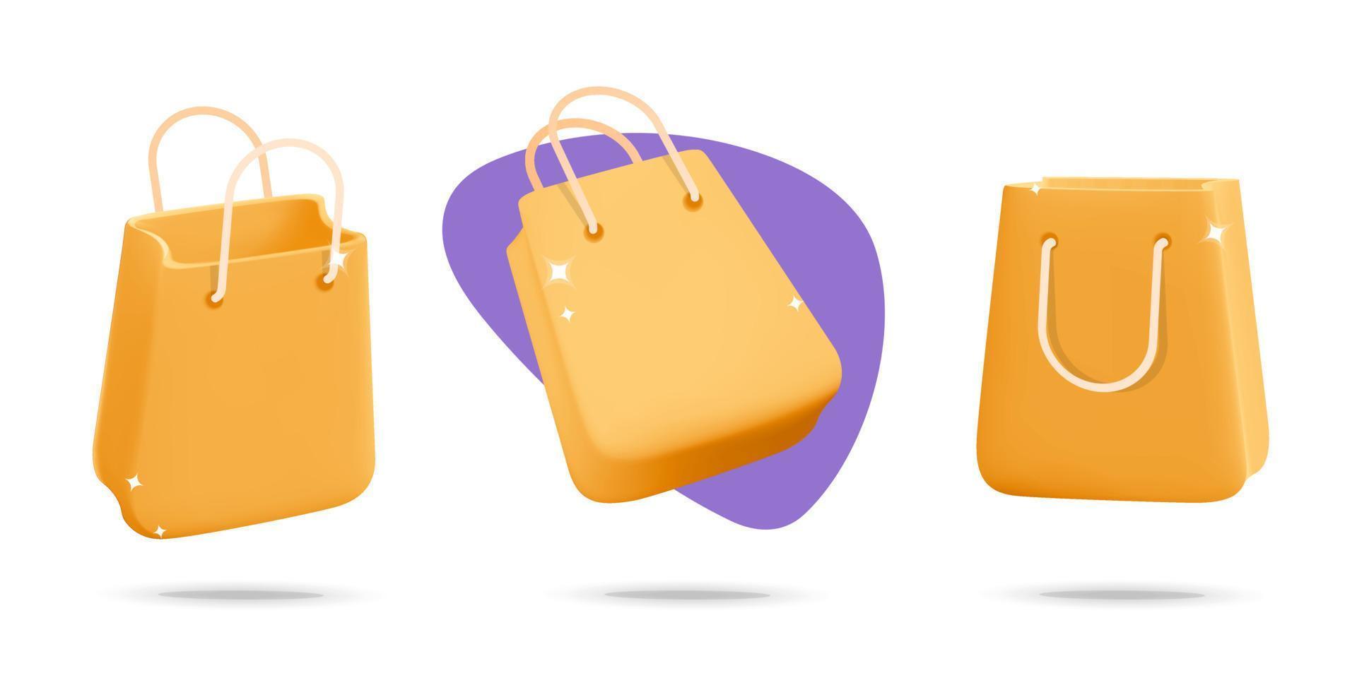 conjunto de design de ícone de sacola de compras on-line de renderização realista de vetor 3d