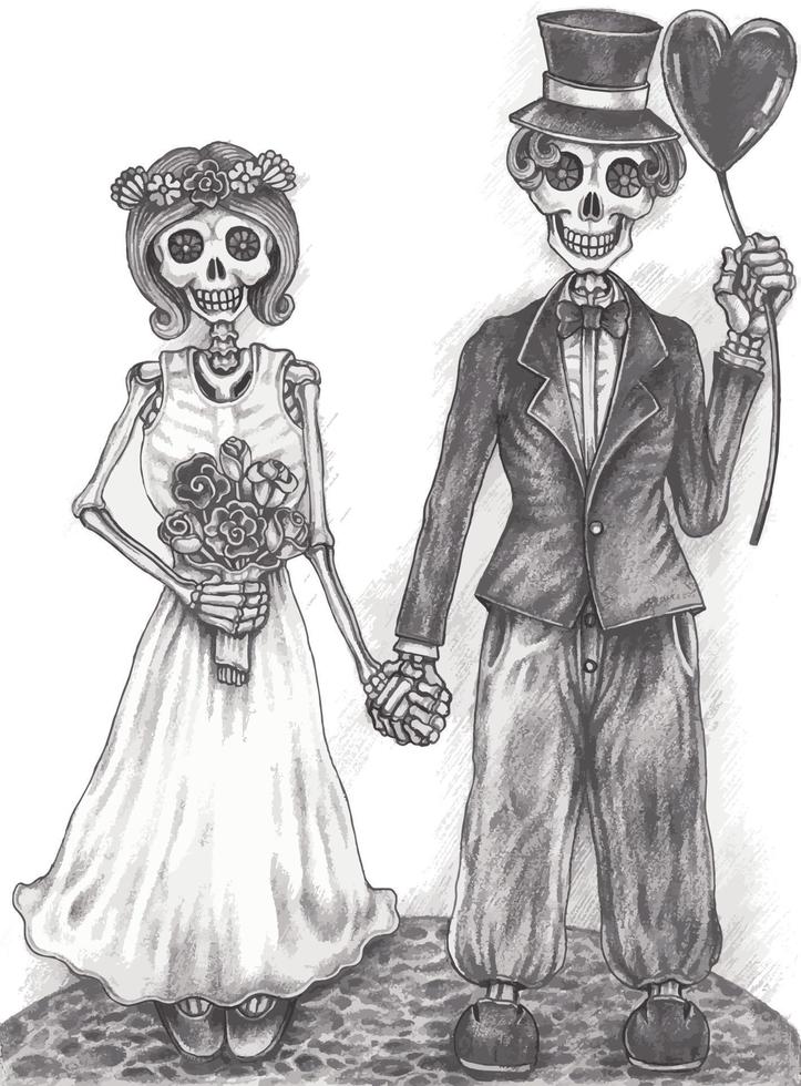 casal de arte apaixonado por crânios de casamento. desenho à mão e fazer vetor gráfico.