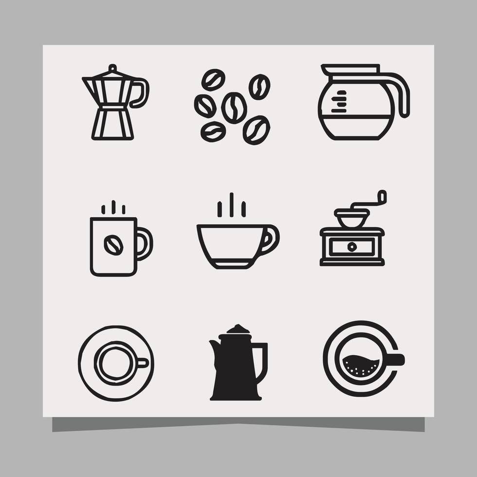 ícones sobre café, grãos de café, cafeteiras, xícaras de café e outros desenhados em papel são muito adequados para ícones, panfletos, mídias sociais e outros vetor