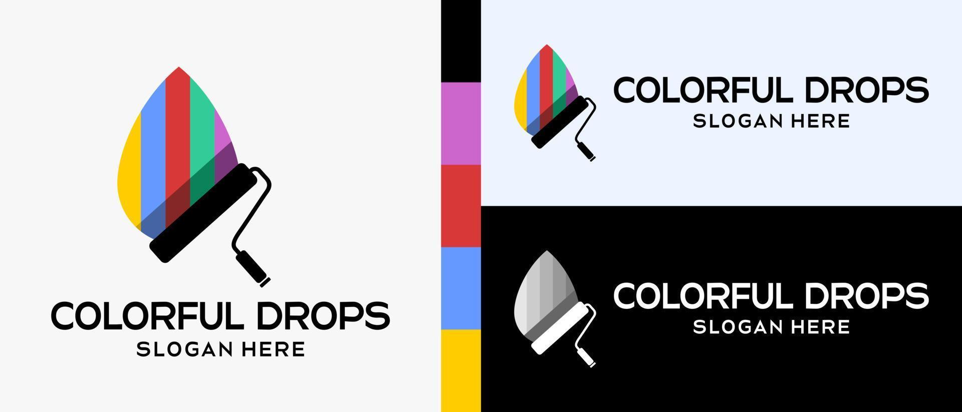 modelo de design de logotipo de pintura de construção legal. ilustração vetorial. escova de rolo com silhueta e ícone de gotas de água colorida. ilustração de logotipo para pintura de parede ou construção. vetor premium