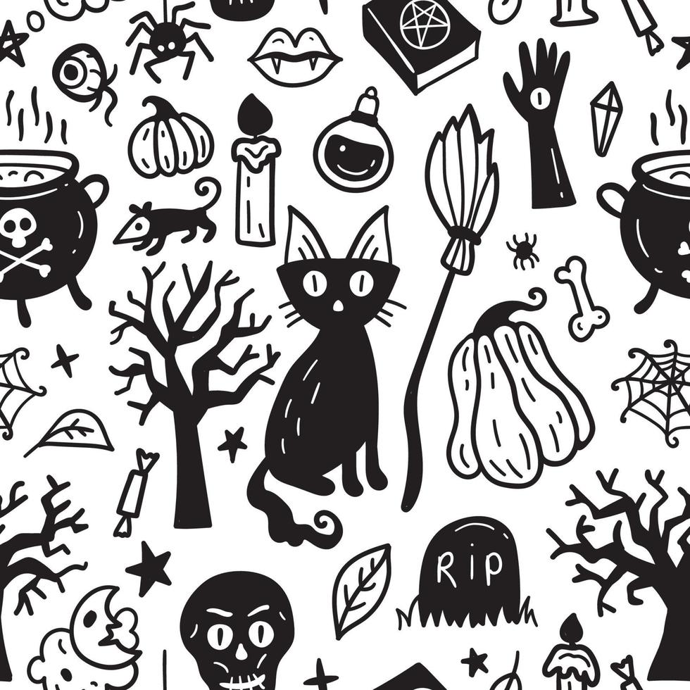 padrão monocromático sem costura de elementos de doodle desenhados à mão de horror halloween. vetor