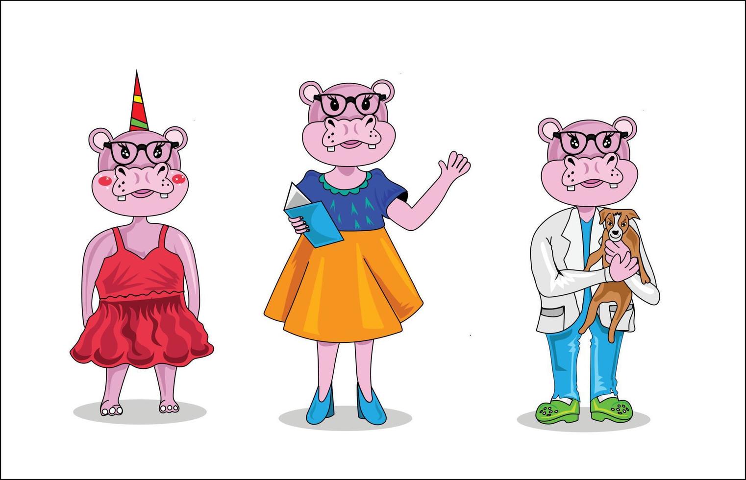 conjunto de mascote hipopótamo, professor médico e ilustração de estudante vetor