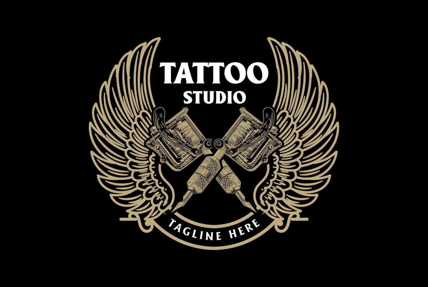 máquina de tatuagem de tinta cruzada vintage retrô asas distintivo emblema etiqueta design de logotipo vetor