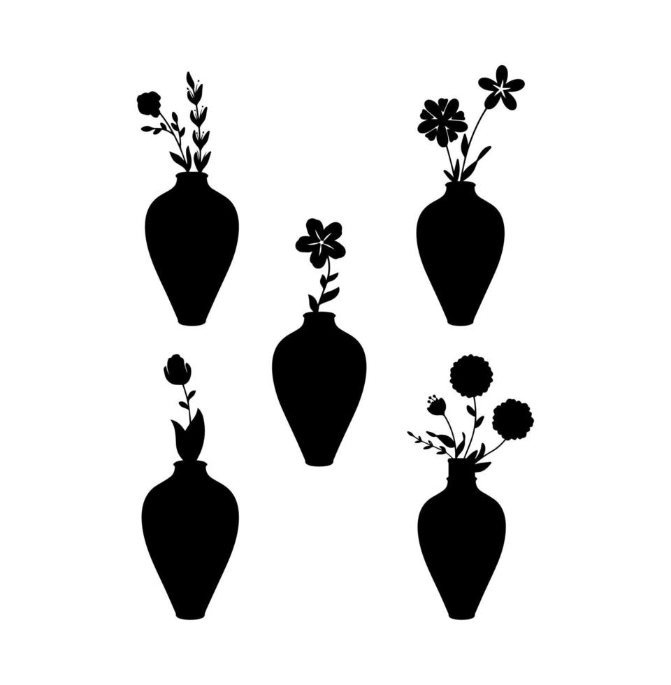 coleção de silhueta de ilustrações de flores de vaso de decoração vetor