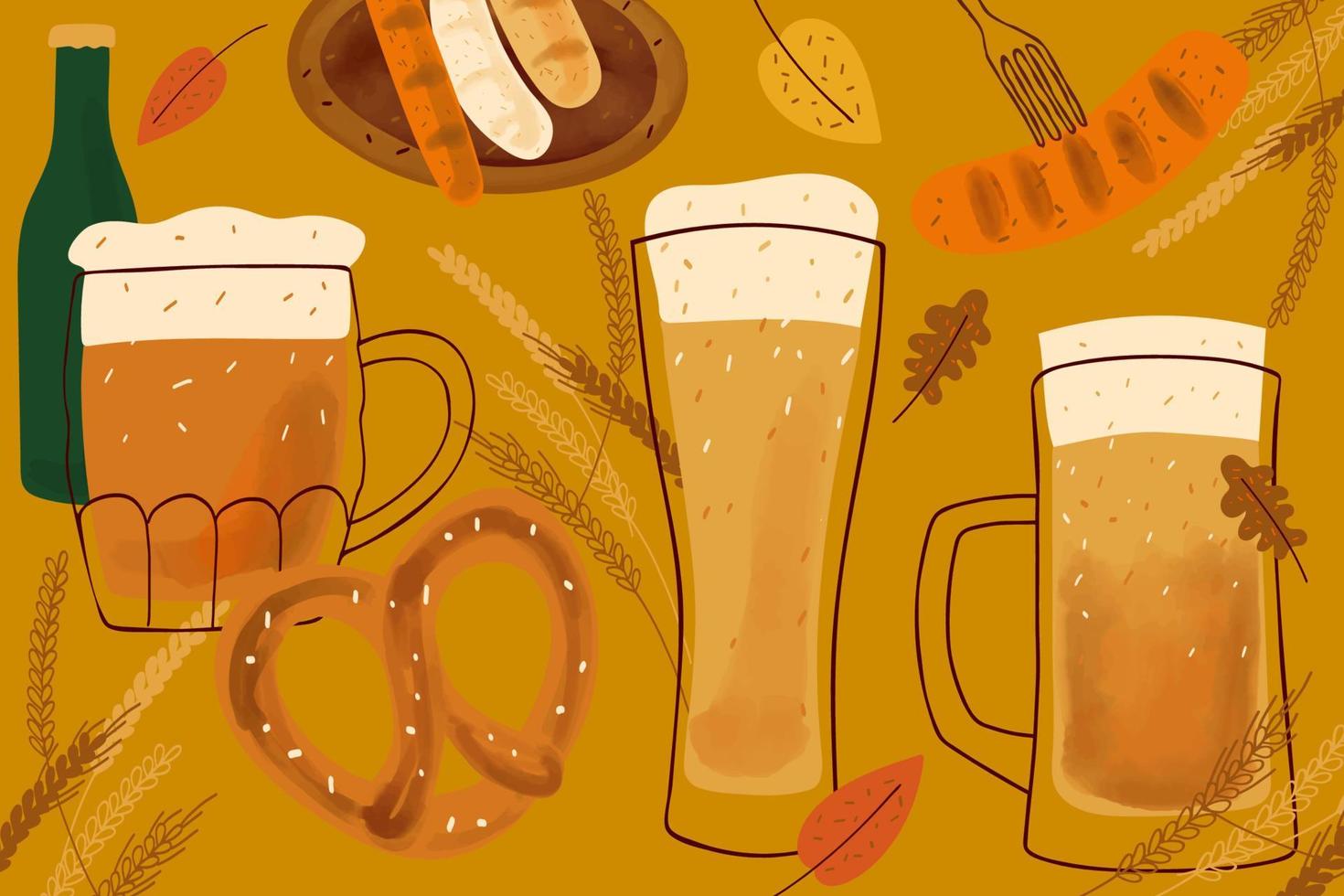 design de cartão com canecas de ilustração estilizada de cerveja, lanche pretzel e salsicha grelhada em fundo amarelo vetor