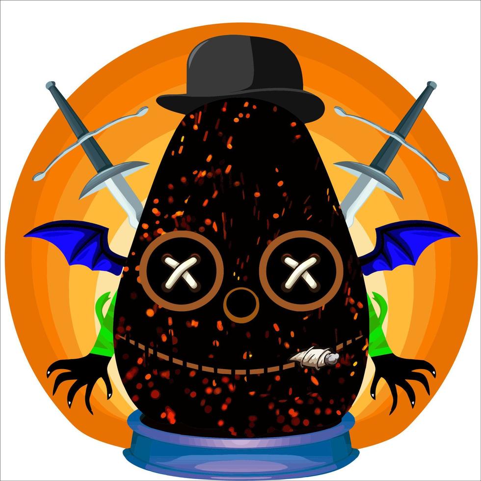 cabeça de abóbora de halloween festa assustadora com arma nas costas. cara de abóbora de halloween. adequado para o logotipo do esporte e, camiseta e outros vetor