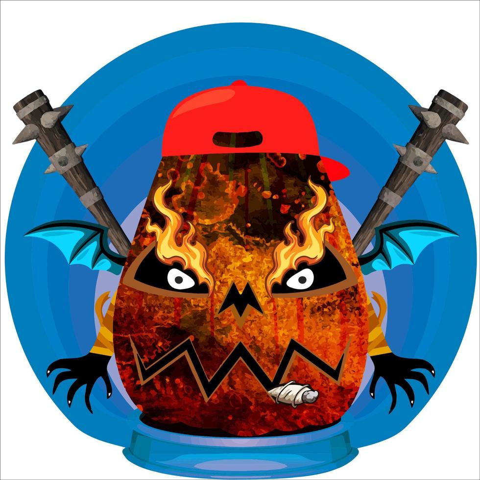 cabeça de abóbora de halloween festa assustadora. cara de abóbora com arma nas costas. adequado para logotipo esportivo, camiseta e outros materiais impressos. vetor