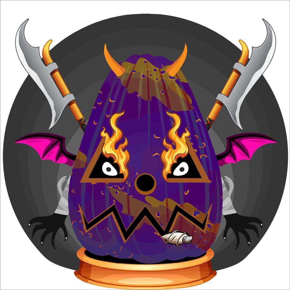 cabeça de abóbora de halloween festa assustadora com arma nas costas. cara de abóbora de halloween. adequado para o logotipo do esporte e, camiseta e outros vetor