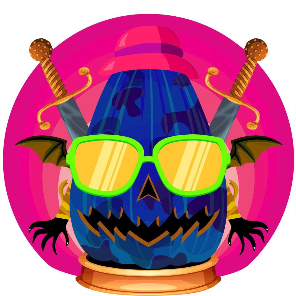 cabeça de abóbora de halloween festa assustadora. cara de abóbora com arma nas costas. adequado para logotipo esportivo, camiseta e outros materiais impressos. vetor