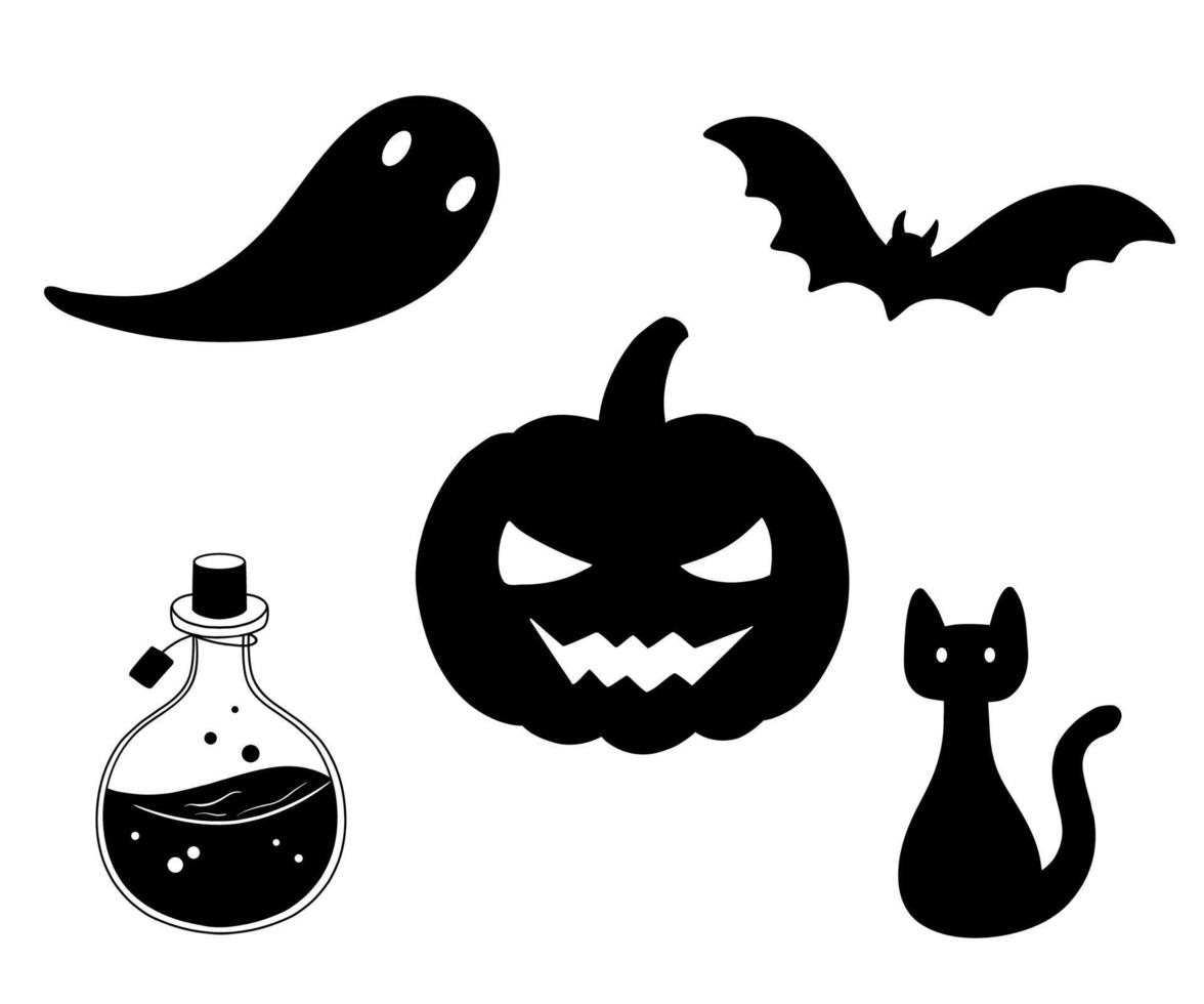 frasco mágico de vetor com poção venenosa, abóbora, morcego, fantasma e gato preto. conjunto de ilustrações para halloween isoladas em branco