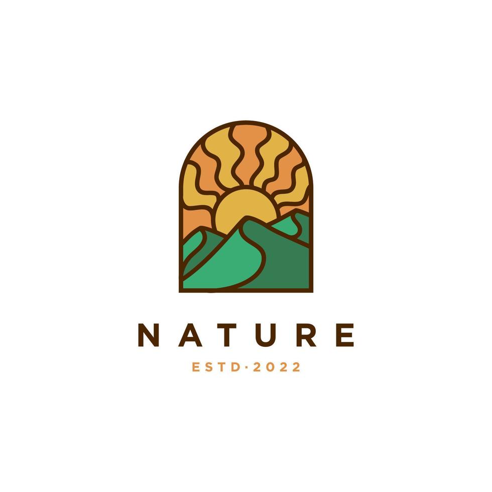 logotipo de distintivo de ilustração de montanha e sol. ilustração da natureza no arco ou janela. design de logotipo de estilo boho vetor