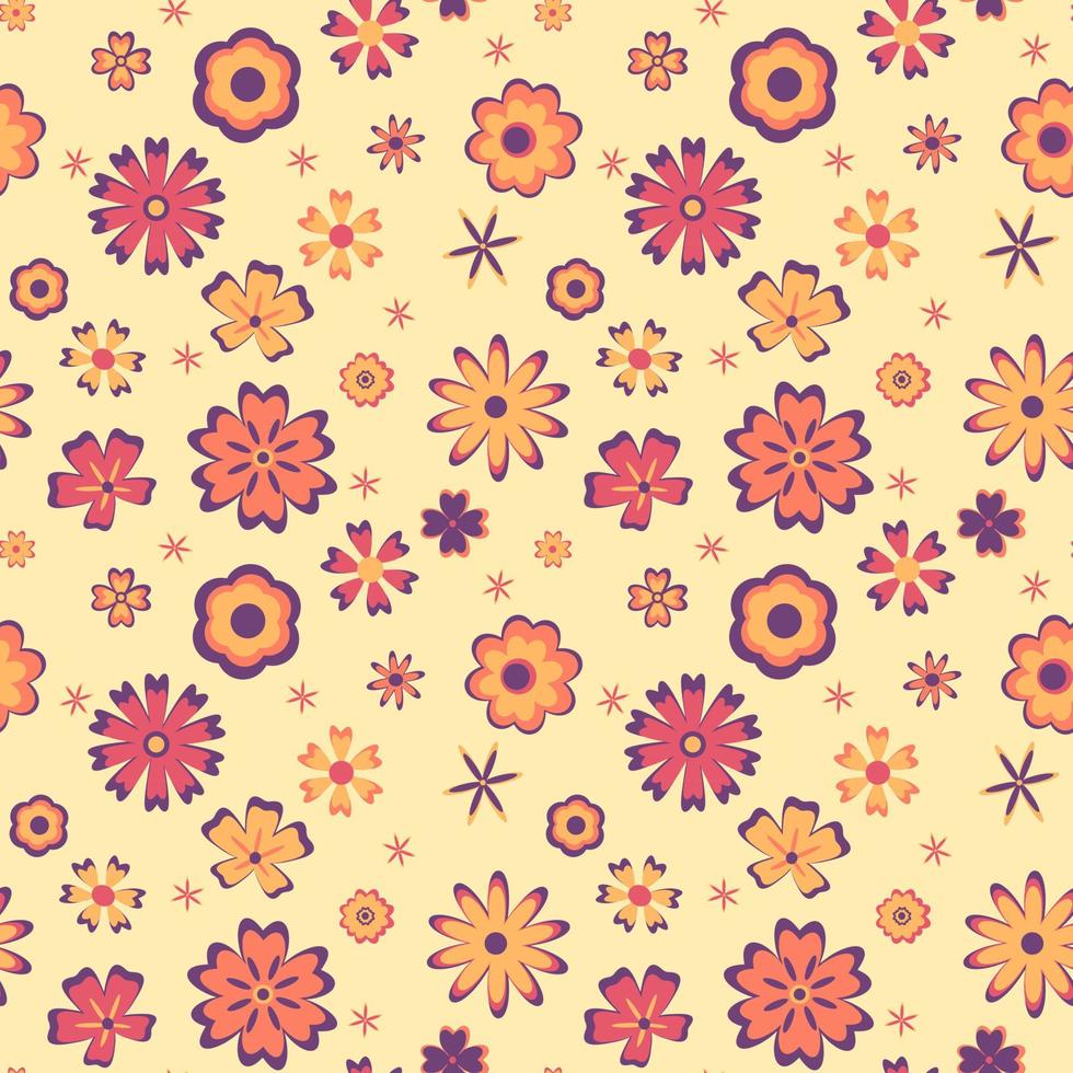 sem costura padrão com flores abstratas, folhas em uma paleta de roxo laranja quente sobre fundo bege. vetor