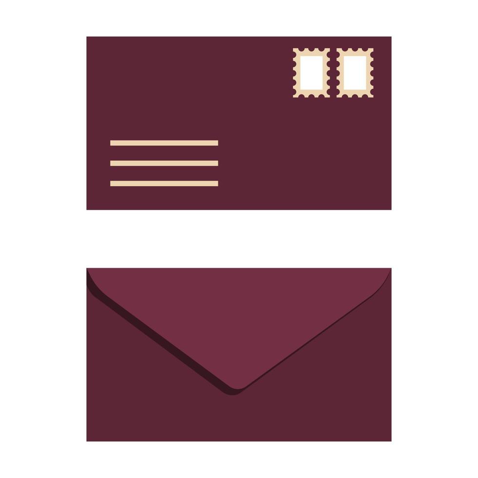 conjunto de envelopes com selos isolados no fundo branco. modelo de envelopes de dois lados para cartas. estilo plano. vetor