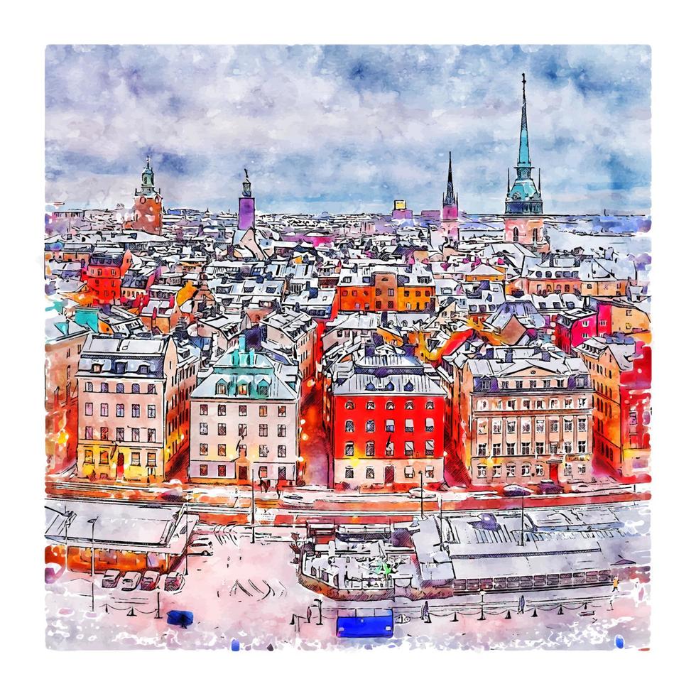 gamla stan estocolmo lan suécia esboço em aquarela ilustração desenhada à mão vetor