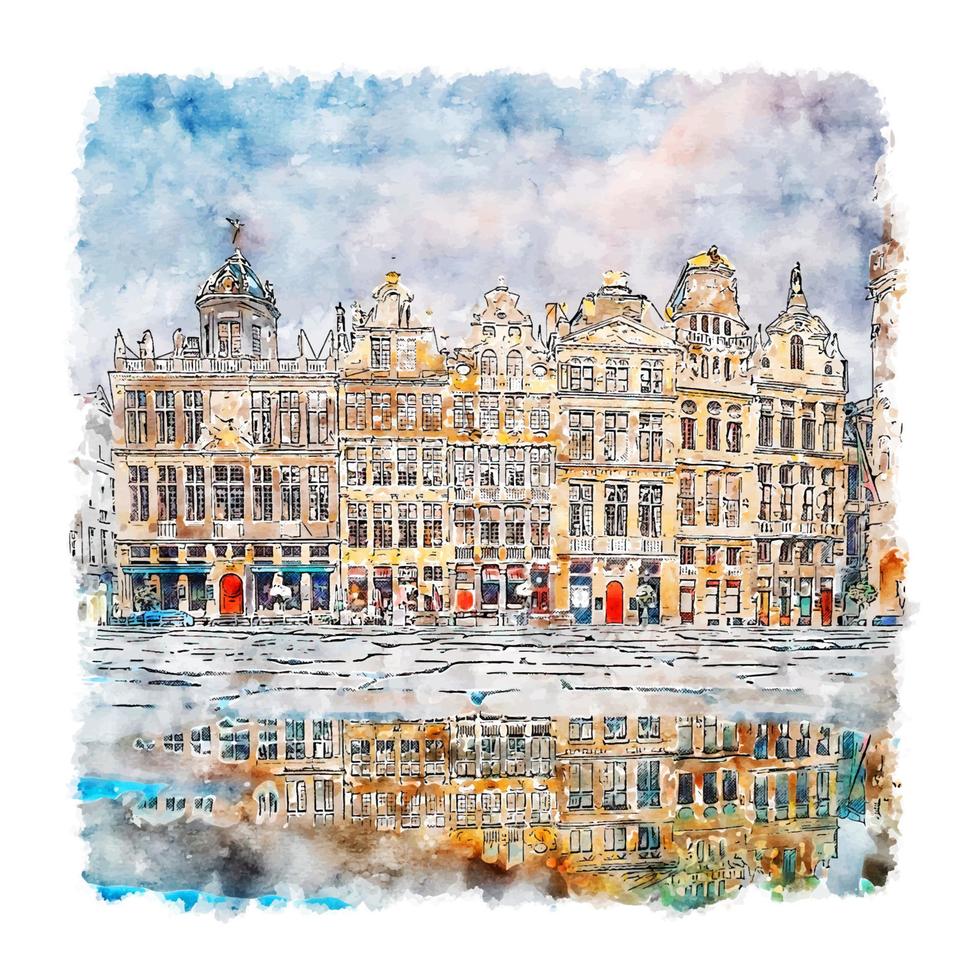 Bruxelas, Bélgica, esboço em aquarela, ilustração desenhada à mão vetor