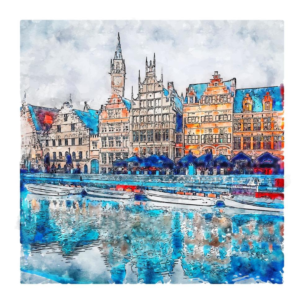 gent bélgica esboço em aquarela ilustração desenhada à mão vetor