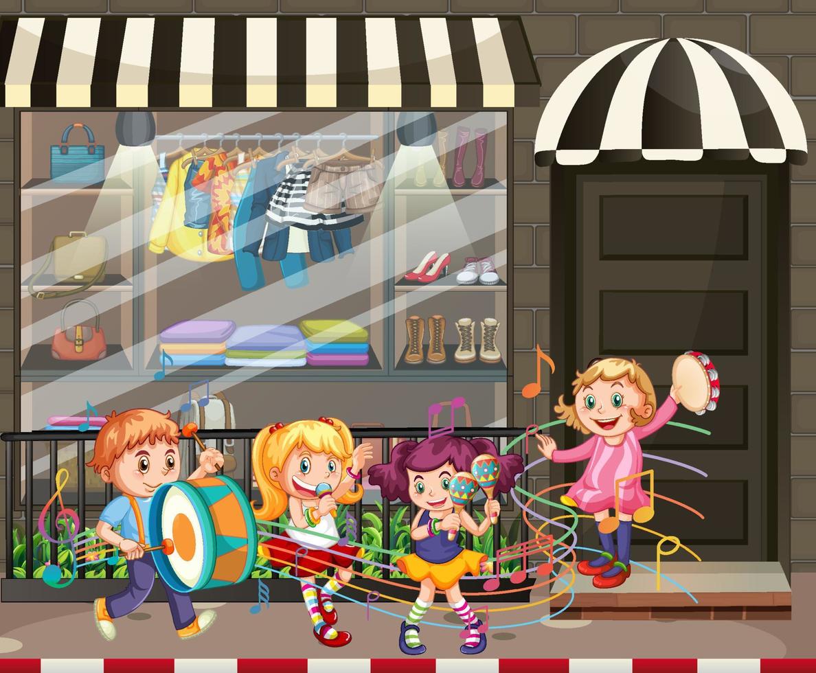 cena com crianças tocando música na rua vetor