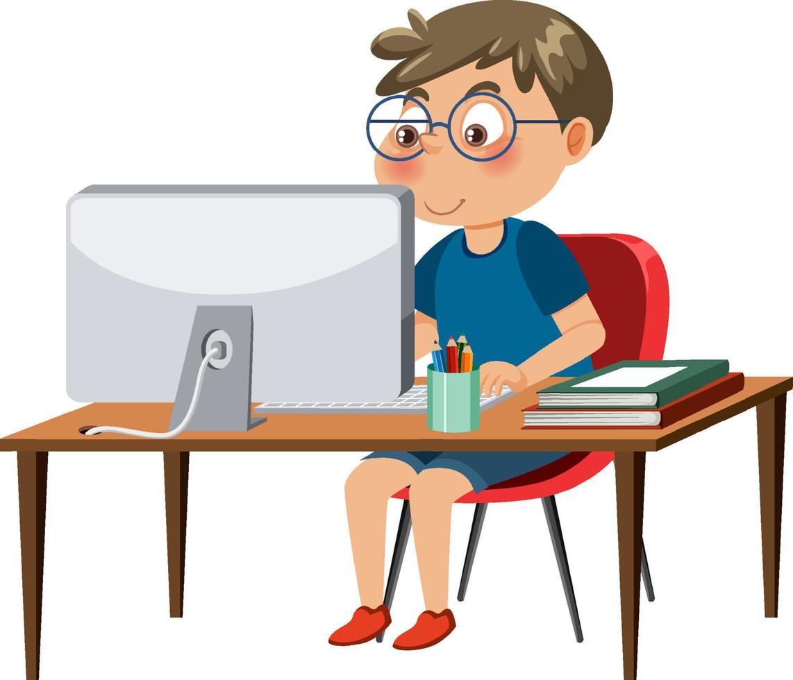 um menino sentado na frente do computador vetor