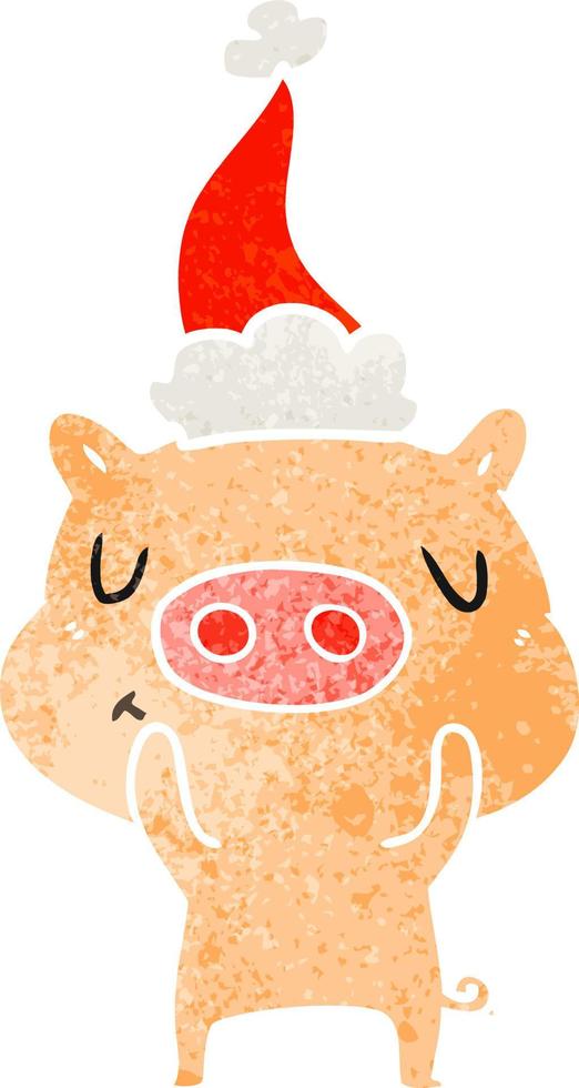 desenho retrô de um porco de conteúdo usando chapéu de papai noel vetor