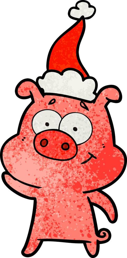 feliz desenho texturizado de um porco usando chapéu de papai noel vetor