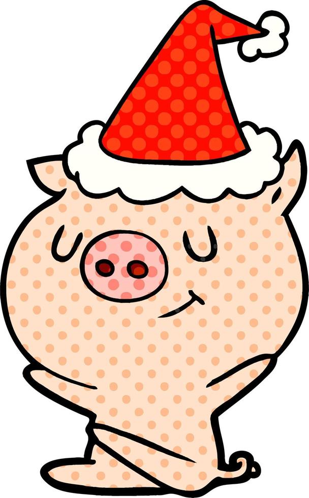 ilustração de estilo de quadrinhos feliz de um porco usando chapéu de papai noel vetor