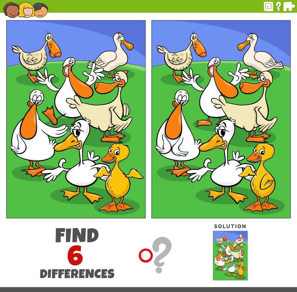 jogo de diferenças com personagens de animais de fazenda de patos de desenho animado vetor