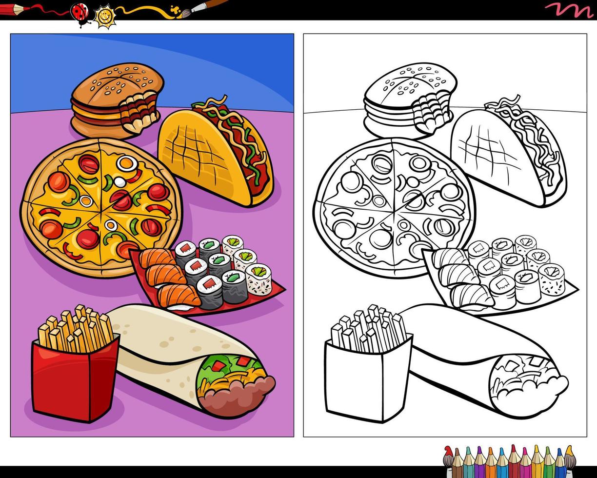 desenho de grupo de pratos e objetos de comida dos desenhos animados para colorir vetor