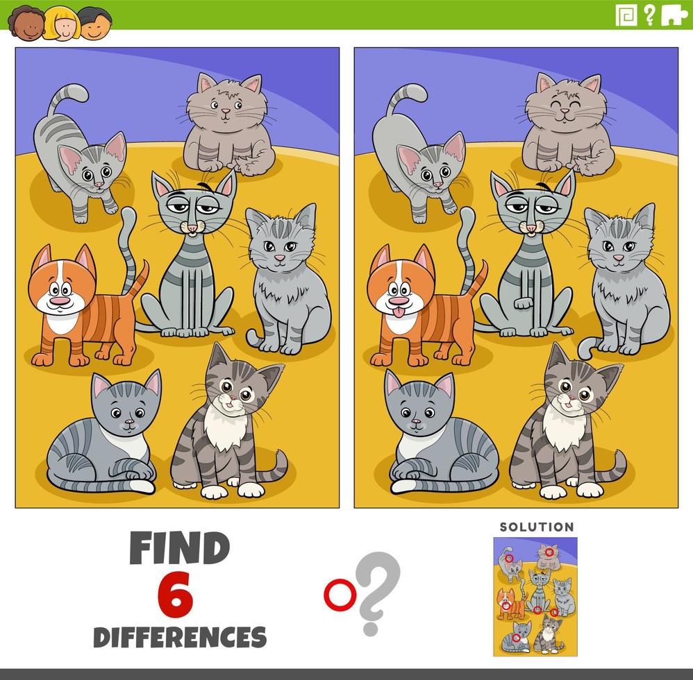 jogo de diferenças com personagens animais de gatos de desenho animado vetor