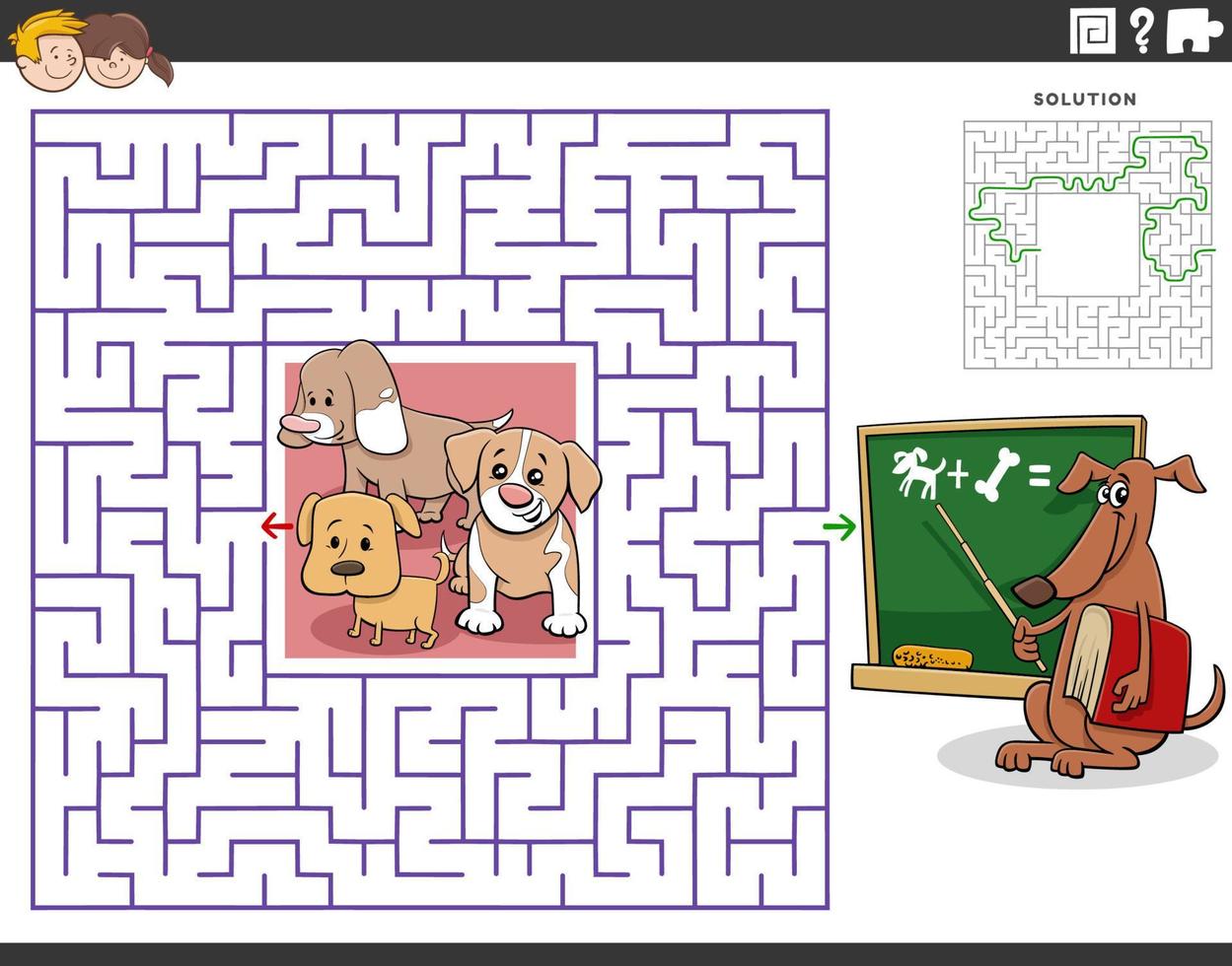 labirinto com cachorros de desenho animado e cachorro professor vetor