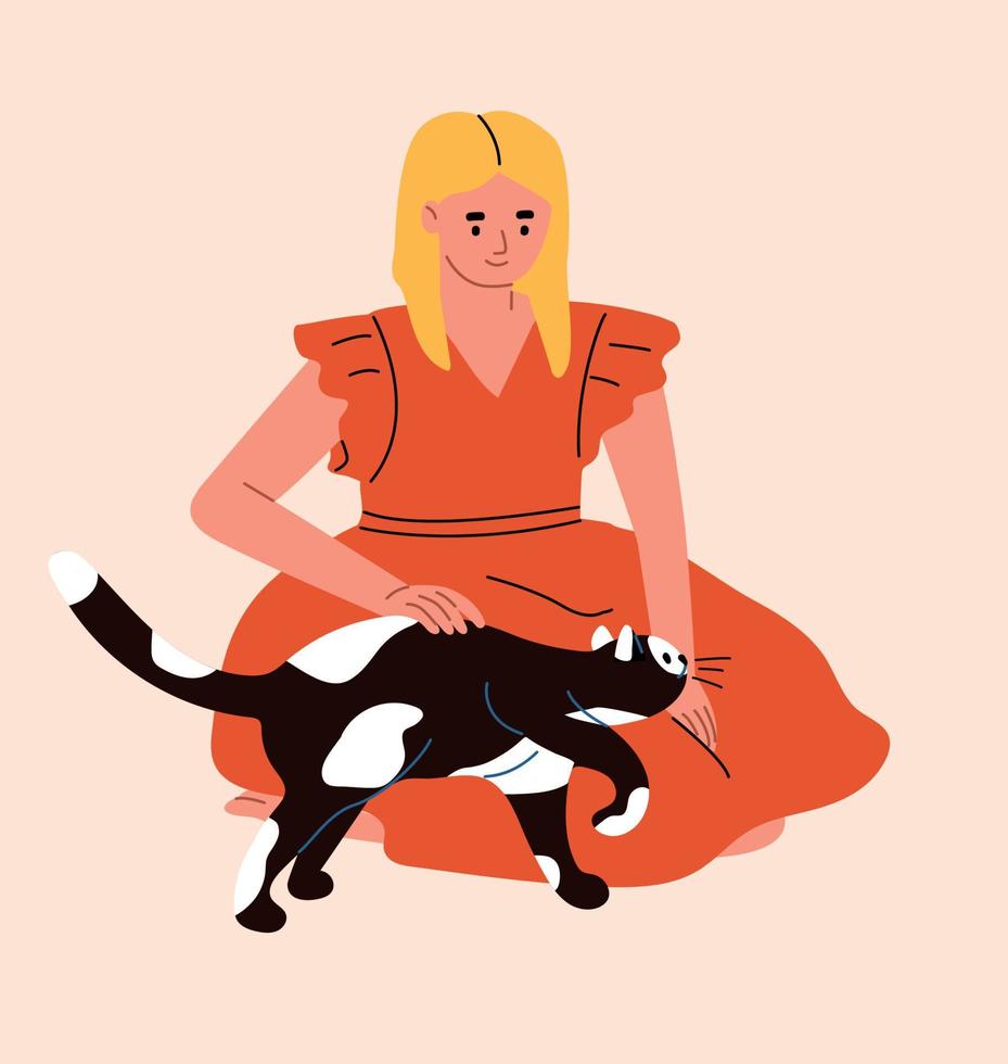 mulher acariciando gato preto e branco de cabelos curtos. dono do gato. ilustração em vetor plana dos desenhos animados do animal de estimação.