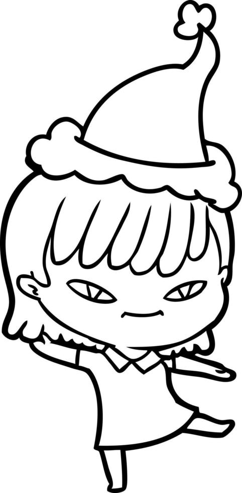 desenho de linha de uma mulher usando chapéu de papai noel vetor