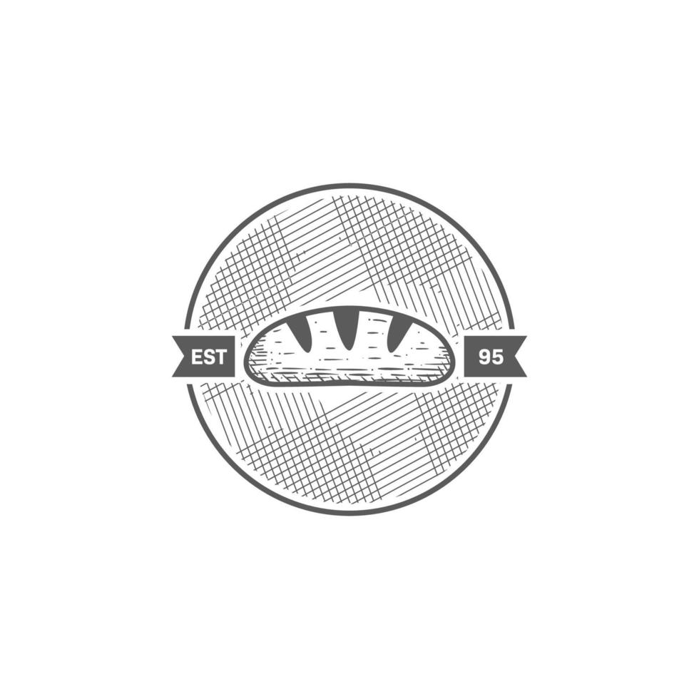 vintage pão longo padaria logotipo distintivo emblema círculo vintage cross hatch desenho de mão vetor