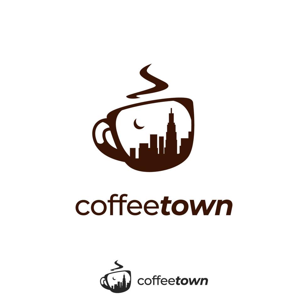 logotipo da xícara de cafélogotipo da cidade do café com silhueta de arranha-céu da cidade dentro da ilustração do símbolo do ícone da caneca vetor