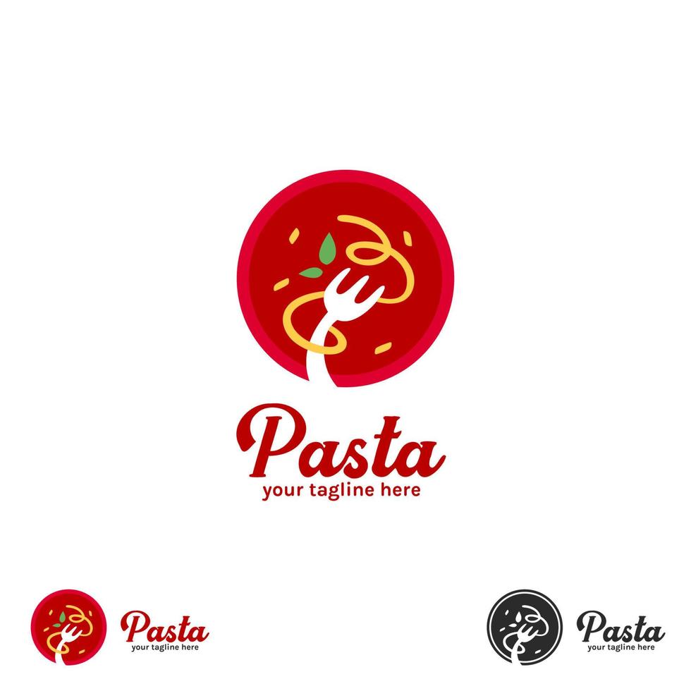logotipo de macarrão espaguete com símbolo de ícone de forma redonda de placa, garfo e folha verde vetor