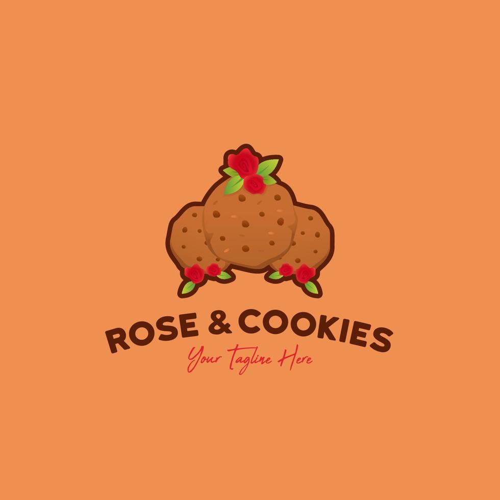 ilustração de ícone de logotipo de rosa e biscoitos de deliciosos três biscoitos com flor de rosa vermelha fresca vetor